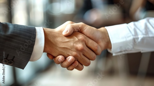 Two business people are shaking hands in the office in a closeup photo of two businessmen doing a handshake isolated on a blurred background with copy space concept for collaborati
