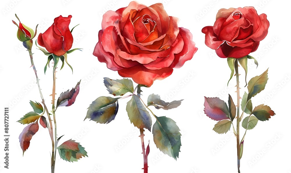 set red rose, beautiful flower on a white background, watercolor illustration, Generative AI set red rose, beautiful flower on a white background, watercolor illustration, Generative AI