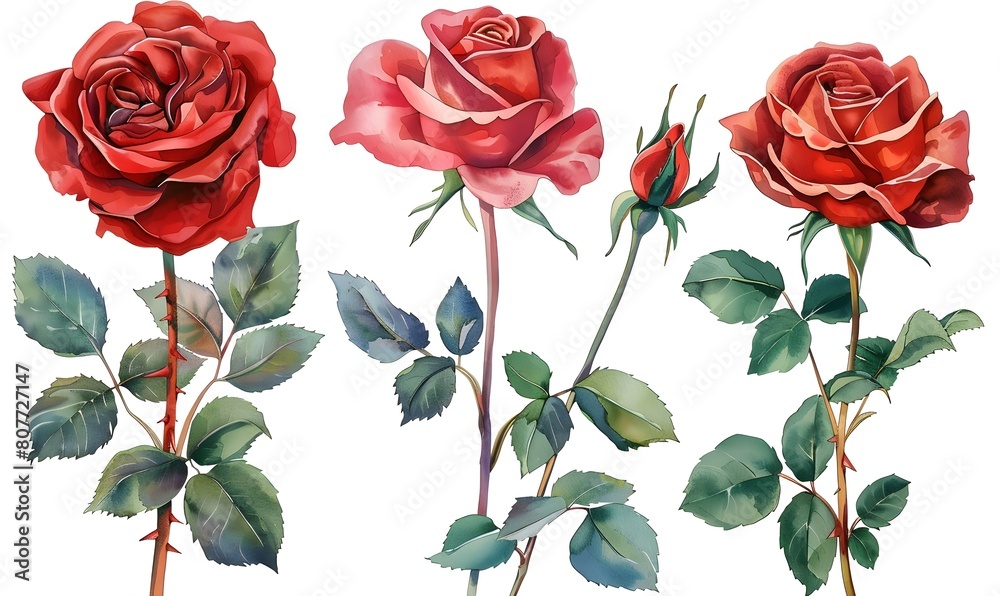 set red rose, beautiful flower on a white background, watercolor illustration, Generative AI set red rose, beautiful flower on a white background, watercolor illustration, Generative AI