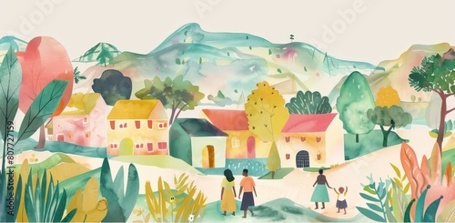 A painting of a village with people walking down a path. The painting is colorful and lively, with a sense of community and togetherness