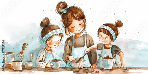 A woman is cooking with two children. The children are wearing blue headbands