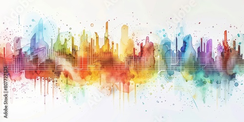 A colorful cityscape with a rainbow of buildings and a bridge