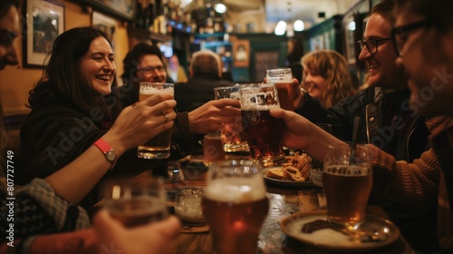 Group of friends enjoying pints of beer at a cozy pub, with laughter and toasts.