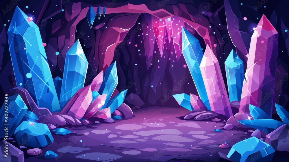 A dark cave with sparkly crystal clusters on stone walls. A cartoon modern diamond mine or dungeon for a game path or level.