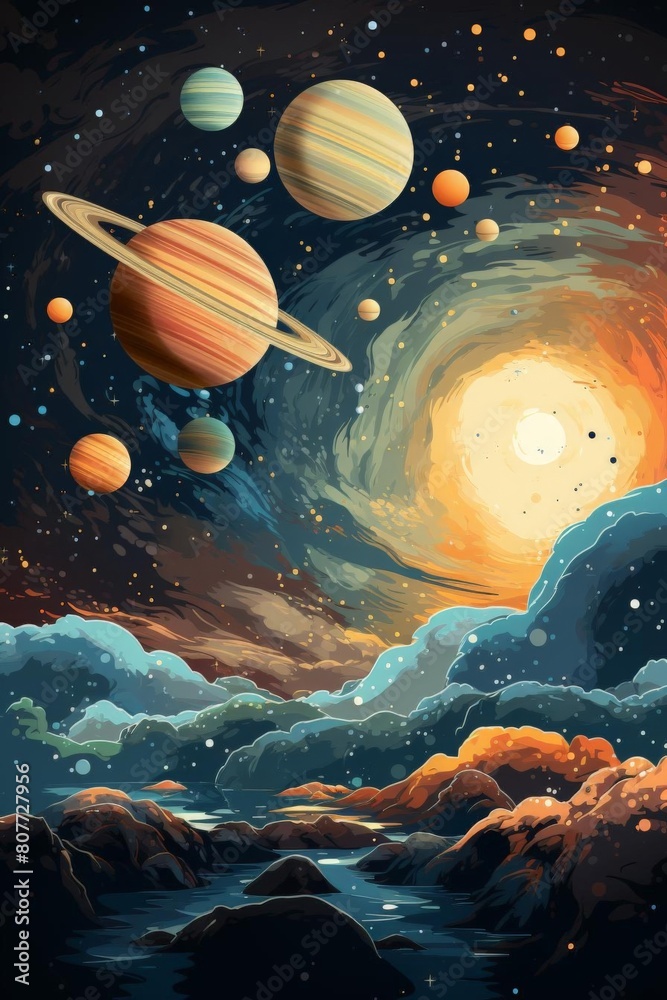 Naklejka premium There are swirling patterns in the background that add to the mystical aura of the galaxy. The overall tone is fantastical and otherworldly, with bright colors contrasting against the dark backdrop.