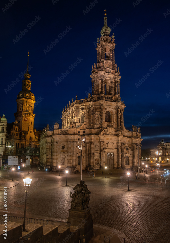 Kathedrale Sanctissimae Trinitatis,Dresden Germany.Night landscape and view of the cathedral in the old town of Dresden