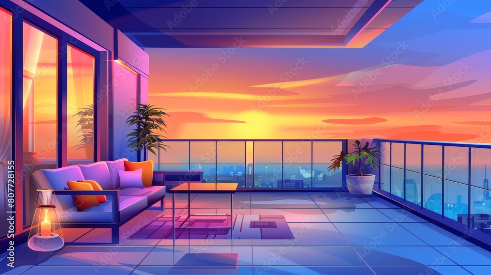 Interior design of apartment balcony and living room. Open terrace in building. Cozy sofa in hotel apartment cartoon scene. Morning in city condo panoramic design.
