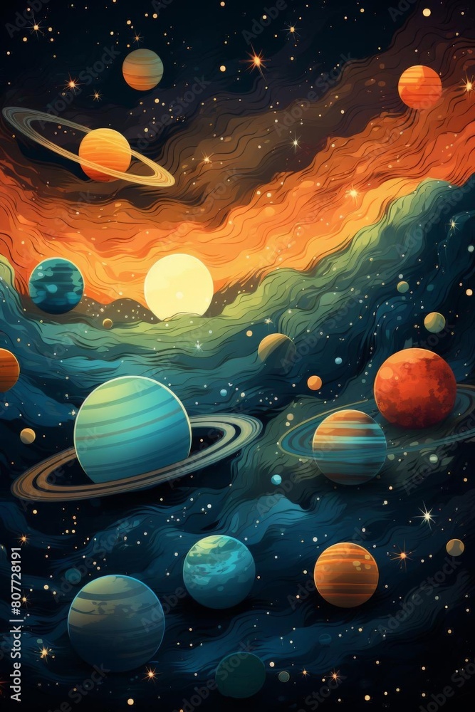 There are swirling patterns in the background that add to the mystical aura of the galaxy. The overall tone is fantastical and otherworldly, with bright colors contrasting against the dark backdrop. There are swirling patterns in the background that add to the mystical aura of the galaxy. The overall tone is fantastical and otherworldly, with bright colors contrasting against the dark backdrop.