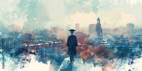 A person in a graduation gown stands on a ledge overlooking a city. Concept of accomplishment and pride, as the graduate looks out over the urban landscape photo