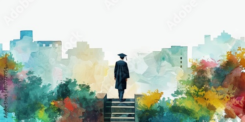 A graduate student walks up a set of steps in front of a city skyline. Concept of accomplishment and pride as the graduate takes on the next chapter of their life