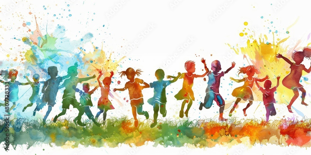 A group of children are playing in a field. The children are of different ages and colors. The scene is lively and fun, with the children running and playing together