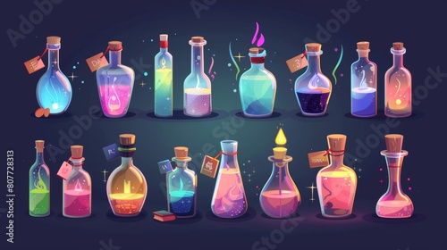 Wallpaper Mural Game assets of glass bottles and flasks filled with colorful liquids. Cartoon modern set of vials with magic water, corks and tags. Fantasy apothecary chemistry bulbs with poisons and antidotes. Torontodigital.ca