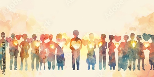 A group of people holding up hearts in a painting. The painting has a warm and welcoming mood, conveying a sense of unity and love among the people photo