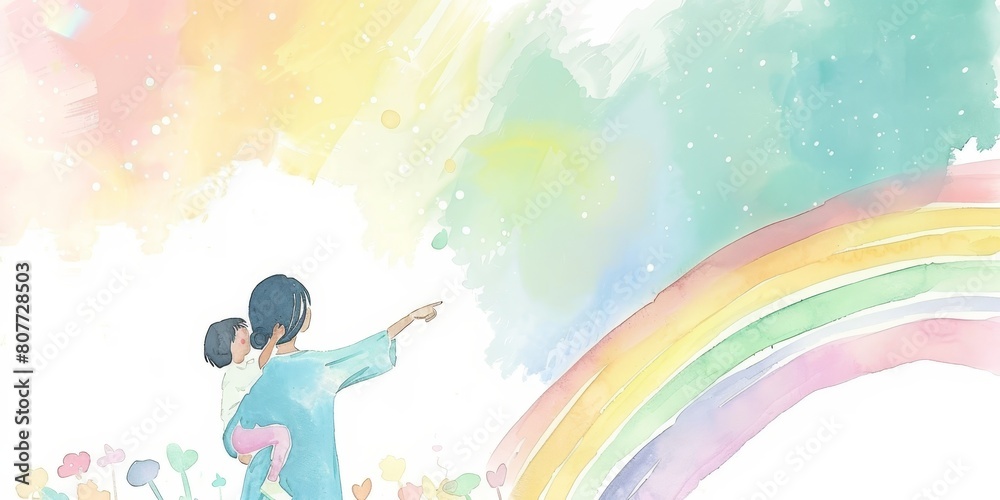 A man and a child pointing at a rainbow. Scene is one of hope and happiness A man and a child pointing at a rainbow. Scene is one of hope and happiness