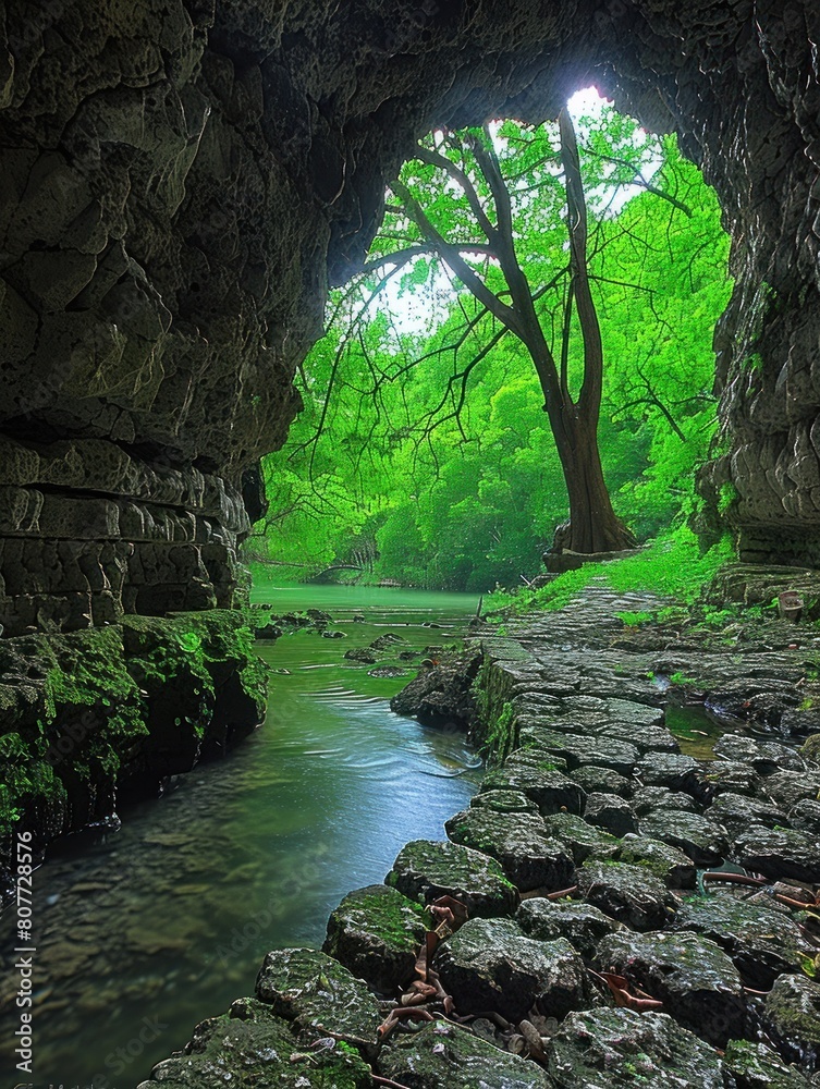Fototapeta premium A river flows through a dense green forest