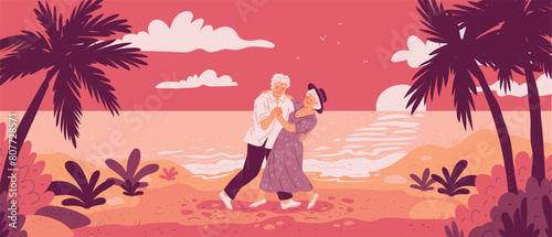 Elderly couple dancing at sunset - vector beach scene.