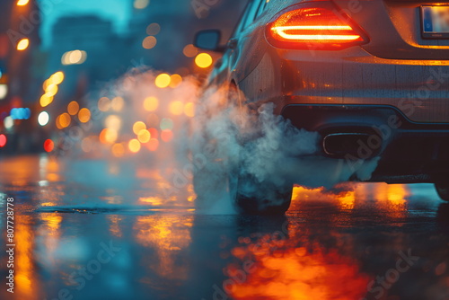 Car exhaust on a rainy street at night