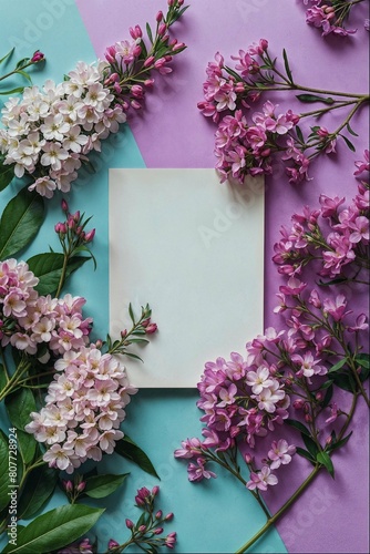 A blank white card in the center of the photo surrounded by lilac flowers and green leaves, with a purple blue background, in the style of flat lay photography.