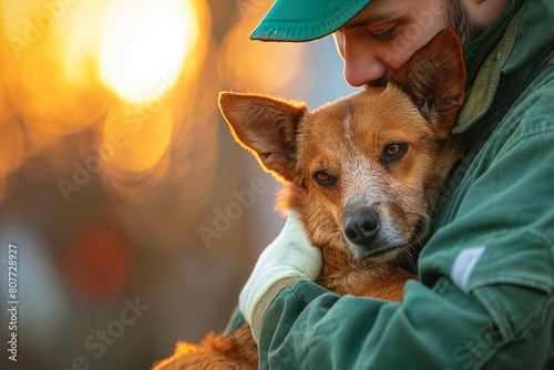 Man in a green jacket holding a dog, with warm sunlight in the background