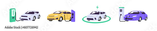 Electric vehicles refuel on charging stations set. Electro cars recharge on auto charger. Eco automobiles with motors on sustainable energy. Flat isolated vector illustrations on white background © Paper Trident