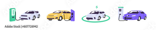 Electric vehicles refuel on charging stations set. Electro cars recharge on auto charger. Eco automobiles with motors on sustainable energy. Flat isolated vector illustrations on white background