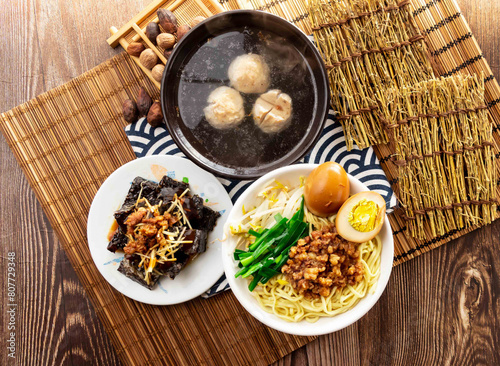 Canvas Print Dry noodles with Black Fungus, meatballs soup, minced pork meat and preserved eg