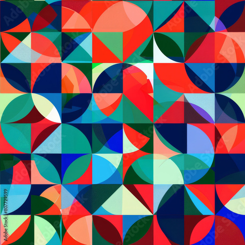 Vivid Colorful Geometric Background with Overlapping Circles, Triangles, and Squares 