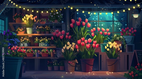 Design of a night flower shop interior with colorful bouquets in buckets, tulips and roses in vases on wooden shelves, green plants in pots, garland lights, and more. #807729901