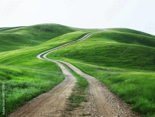 Winding dirt road through lush green rolling hills signifies a journey in a tranquil rural setting.