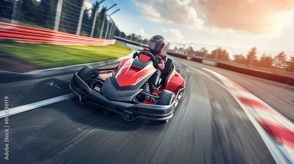 Fototapeta premium Race car driver Go Kart on a track at full speed with helmet and driver suit overtaking and dynamic motion effect