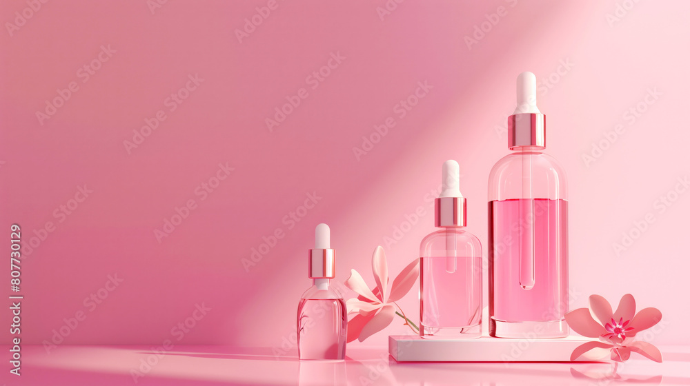 Elegant pink skincare bottles with droppers on a matching backdrop, accompanied by a delicate flower.