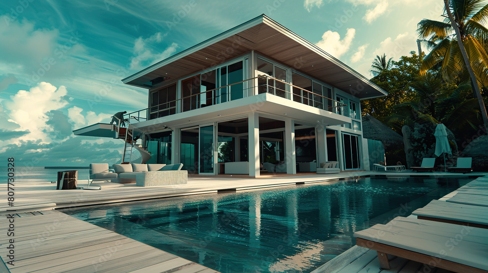 a picture of a large modern maldives beach house, shot during the day a picture of a large modern maldives beach house, shot during the day