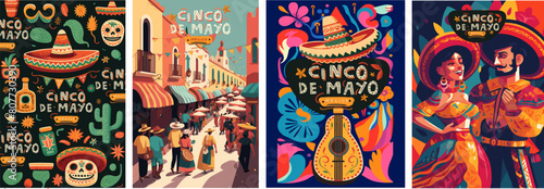 Cinco de Mayo is a Mexican holiday. Vector illustrations of pattern  mexican sombrero hat  mexico city street  couple at festival and spanish guitar for poster  background or greeting card  