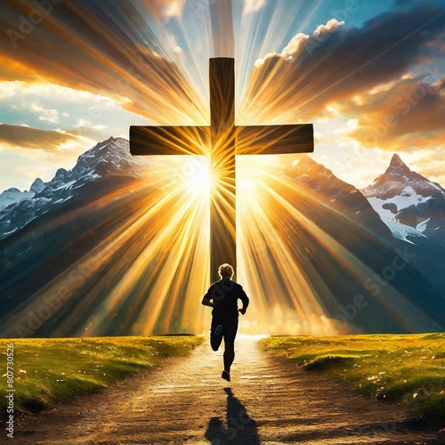 Silhouette Man Running Towards Giant Wooden Cross with Glowing Sun Rays.