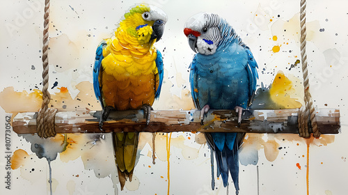 A pair of parakeets chirp on a swing watercolor,
Painting of a colorful parrot perched on a branch in a forest photo