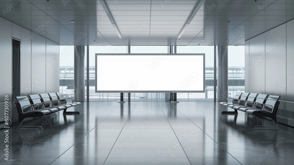 Modern airport terminal waiting area with rows of seats and a blank white advertisement billboard. Modern airport terminal waiting area with rows of seats and a blank white advertisement billboard.