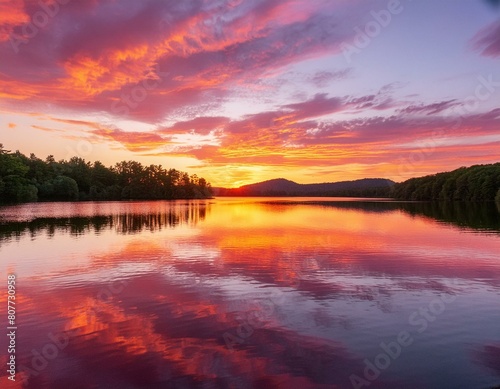 An image of a vibrant sunset over a serene lake, with colorful reflections shimmering on the water