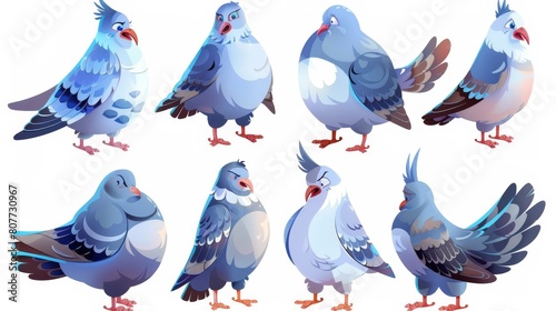 A funny cartoon character set of pigeons. Modern illustration collection of different blue wild city doves with expressions of dumbness. Photographic mascots with beaks and wings. photo