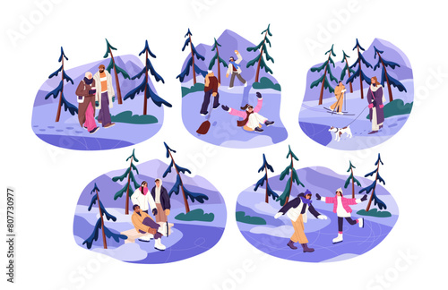 Happy friends skate on ice rink, slide with sleigh outdoor. People have fun, rejoice of winter. Couples, men and women walk dog, ski in snow park. Flat isolated vector illustration on white background