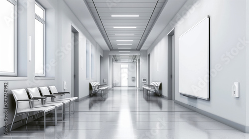 A modern, bright hospital corridor with rows of sleek chairs and framed pictures on the walls.