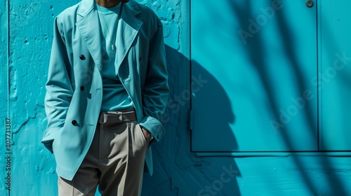 Stylish individual in a light blue blazer and trousers against a vivid blue textured wall.