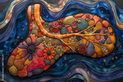 An intricate depiction of the liver's internal structure, showcasing its lobes, veins, and bile ducts in vibrant hues of red, orange, and yellow, against a backdrop of swirling wat photo