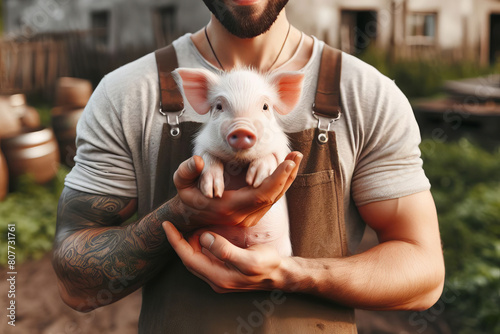 Close-up image of a man cradling a piglet in his hands. Environmental portrait promo photo taken at an undisclosed location photo