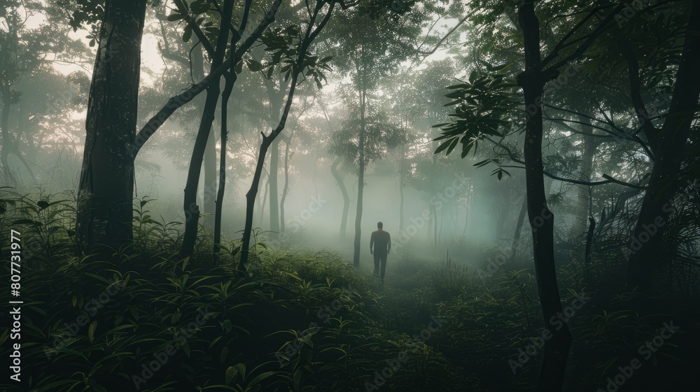 A man walks through a foggy forest