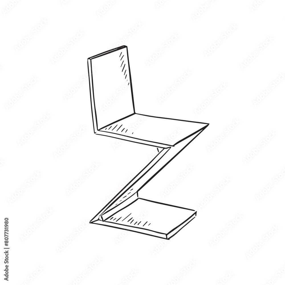 A line drawn illustration of a modern Zed chair in black and white. Drawn by hand in a sketchy style and vectorised for a variety of uses.