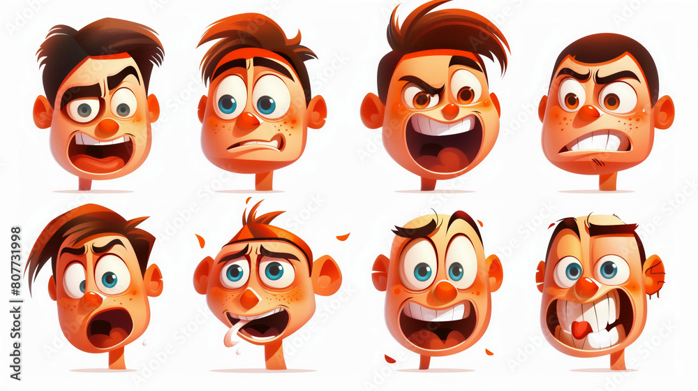 Cartoon image displaying eight diverse human facial expressions and emotions, from anger to joy. Cartoon image displaying eight diverse human facial expressions and emotions, from anger to joy.