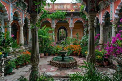 A courtyard with a fountain and many plants. The courtyard is filled with flowers and plants