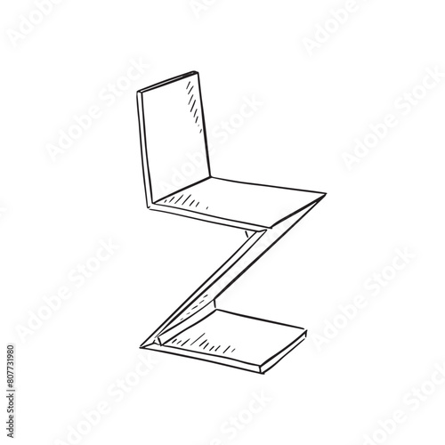 A line drawn illustration of a modern Zed chair in black and white. Drawn by hand in a sketchy style and vectorised for a variety of uses.
