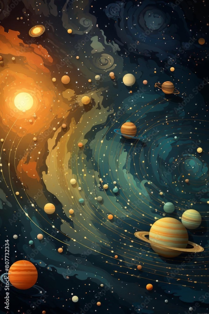 There are swirling patterns in the background that add to the mystical aura of the galaxy. The overall tone is fantastical and otherworldly, with bright colors contrasting against the dark backdrop. There are swirling patterns in the background that add to the mystical aura of the galaxy. The overall tone is fantastical and otherworldly, with bright colors contrasting against the dark backdrop.