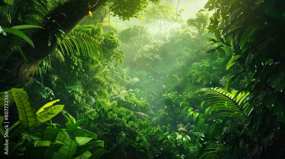 Fototapeta premium A lush green jungle with trees and plants